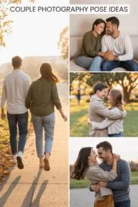 Collage of romantic couple photography poses featuring real couples laughing, hugging, and walking at golden hour and indoors &mdash; showing natural, candid connection for authentic couple photos.