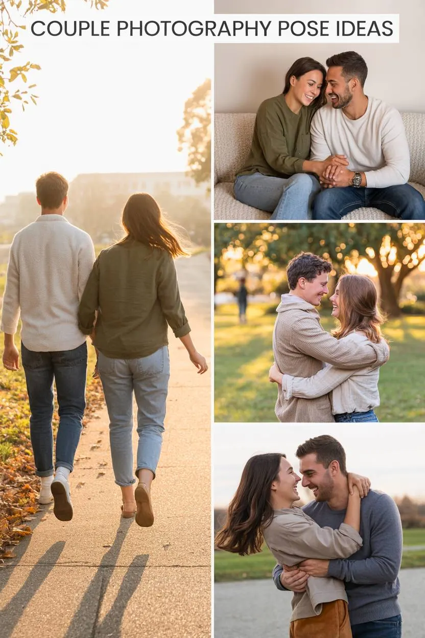 Collage of romantic couple photography poses featuring real couples laughing, hugging, and walking at golden hour and indoors &mdash; showing natural, candid connection for authentic couple photos.