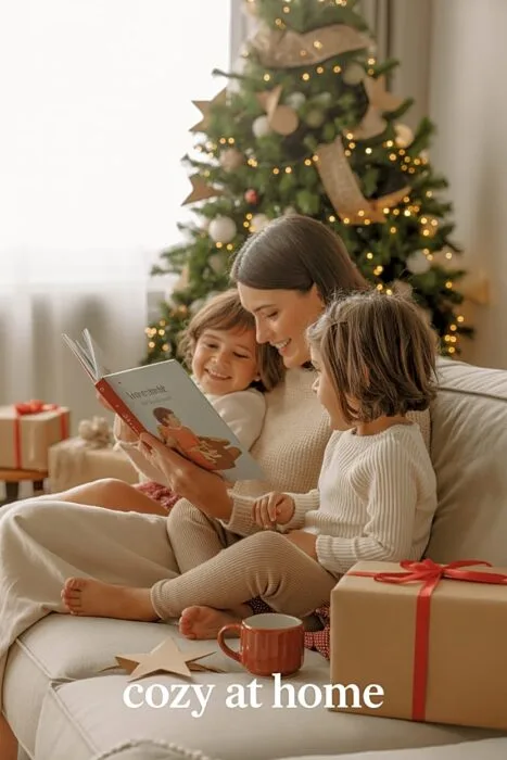 Family Christmas photoshoot at home with neutral décor and candid holiday moments.