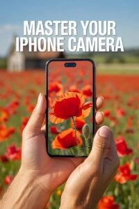 A person holds an iPhone in a poppy field capturing vibrant red flowers, symbolizing mastering iPhone photography tips and camera skills for sharper, more vivid photos.