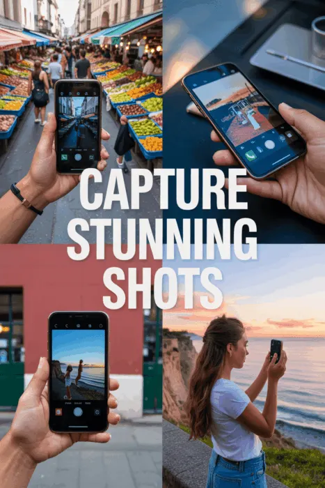 Collage showing mobile photography ideas with street photography, editing flatlay, and scenic outdoor shots.