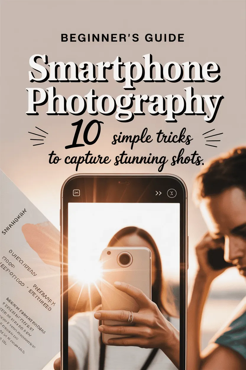 The image shows a woman taking a photo with her mobile phone during golden hour, sunlight flaring behind her. Warm tones, clean serif text, and modern design &mdash; educational pin promoting beginner smartphone photography tips.