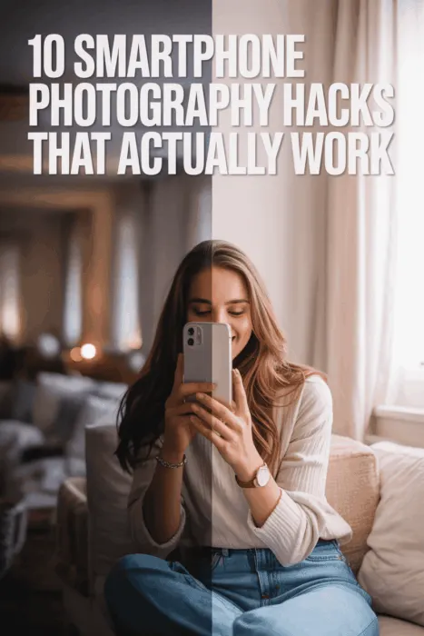 A split-screen image showing a woman holding her smartphone indoors, with a clear before-and-after difference in lighting and color &mdash; demonstrating improved photo quality using smartphone photography hacks.