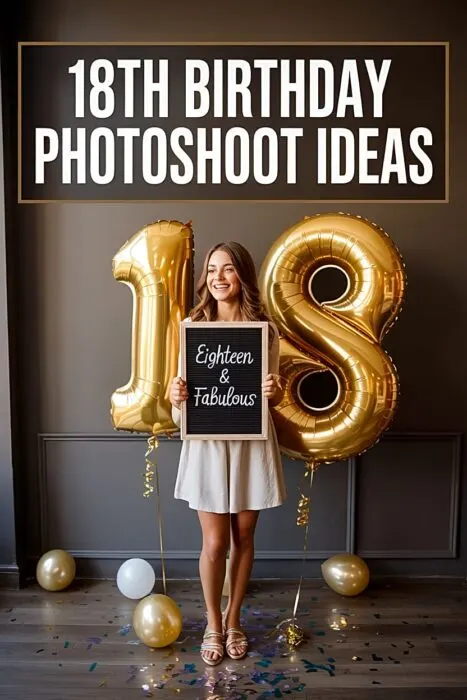 Teen girl posing with metallic 18 balloons in an indoor 18th-birthday-ideas-photoshoot setup for milestone photo inspiration.