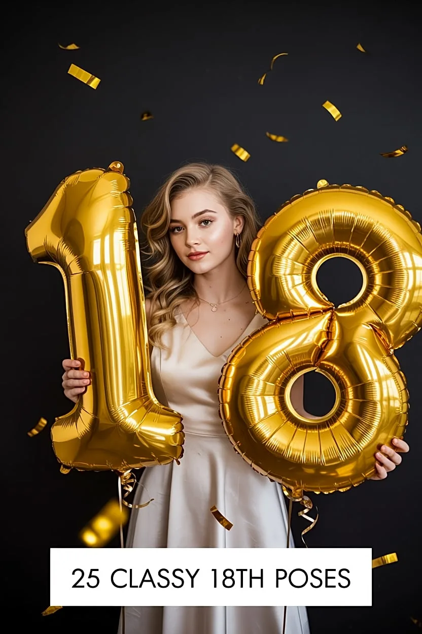 Teen girl holding metallic 18 balloons in a styled 18th-birthday-photoshoot scene with celebratory decor.