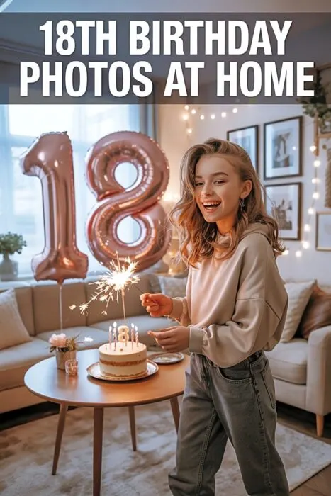 Teen celebrating with metallic 18 balloons and sparkler for 18th-birthday-photoshoot-ideas-at-home in a cozy home setup.