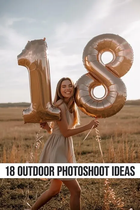 Teen girl with number balloons in golden-hour field for an 18th-birthday-photoshoot-ideas-outdoors concept and outdoor birthday poses.
