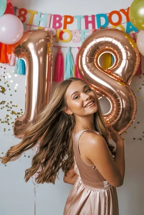 Teen girl celebrating with metallic 18 balloons in a bright setup showing 18th-birthday-photoshoot-themes and milestone birthday ideas.
