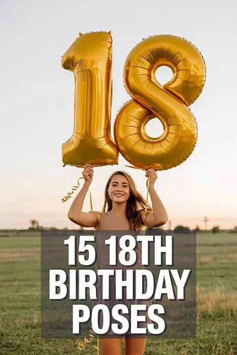 A cheerful teen holding golden balloons in a field shows joyful 18th birthday poses at golden hour.