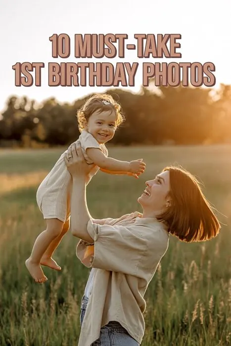 Warm outdoor 1st birthday photos session with natural golden hour lighting and candid family smiles.
