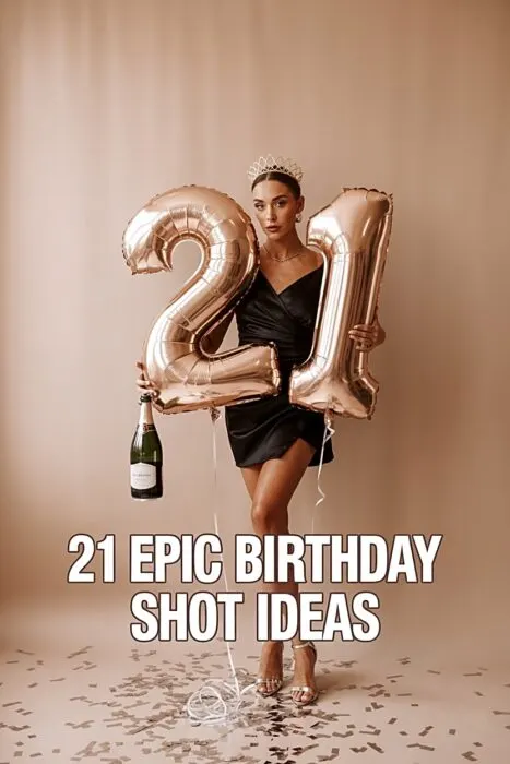 21st birthday photoshoot ideas with chic party outfit and silver number balloons setup