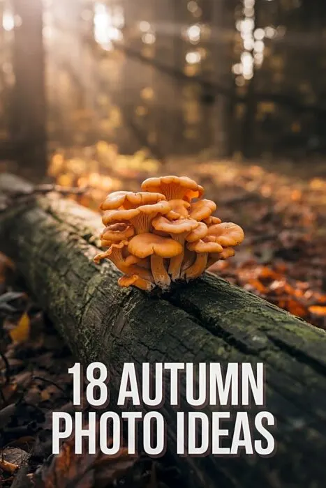 Moody autumn forest macro featuring mushrooms on mossy log illustrating autumn photo ideas and fall photography inspiration.