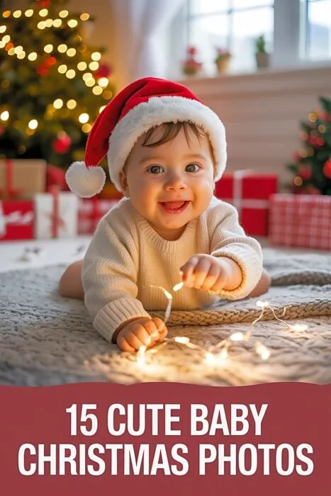 Baby Christmas photo featuring infant in Santa hat playing with fairy lights, cozy holiday portrait inspiration.