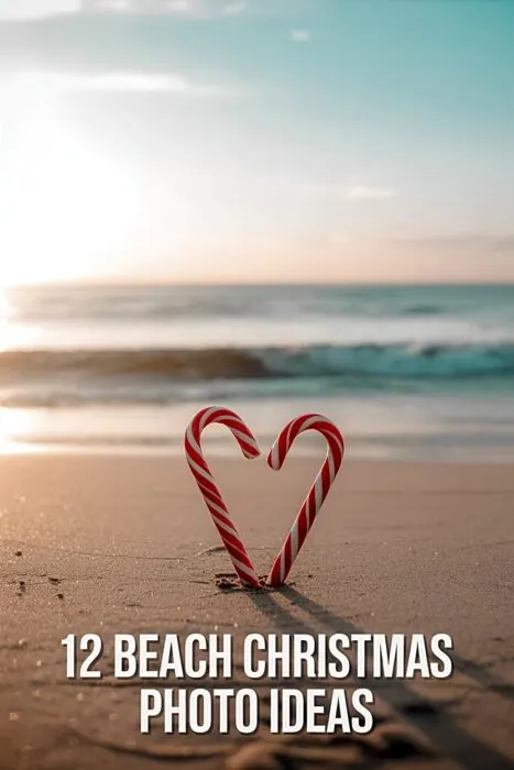 Close-up of candy canes forming a heart in beach sand during golden hour, illustrating creative beach Christmas photo ideas for festive photography inspiration.
