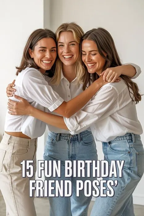 Three best friends in coordinated outfits smiling together indoors, showing creative birthday friend poses photo ideas.