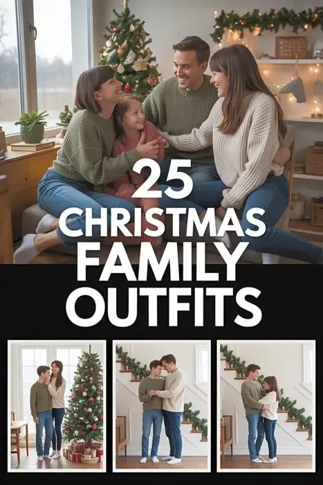 Warm indoor casual Christmas family photos with cozy holiday outfits and glowing tree lights.