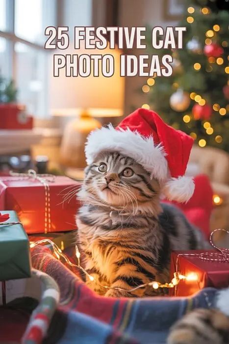 Christmas cat photo featuring a cute pet in a Santa hat with cozy holiday d&eacute;cor and warm lighting.