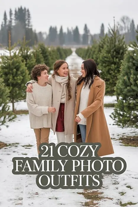 Family Christmas photo outfits with coordinated cozy winter layers at an outdoor tree farm.