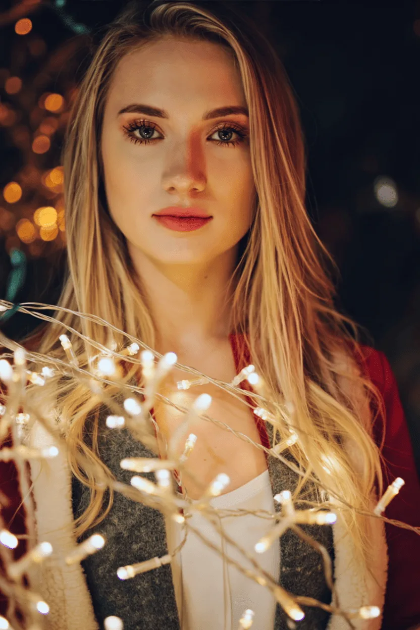 A Christmas lights photography portrait with warm golden bokeh, red outfit, and a glowing holiday atmosphere.