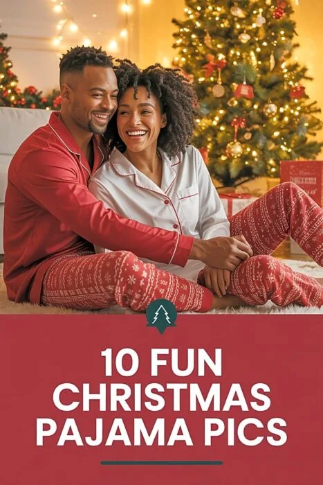 Black couple wearing couple-christmas-pajamas-black-people styled matching holiday loungewear posing by a glowing Christmas tree.