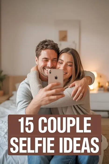 A cozy couple taking a mirror selfie indoors showing couple selfie ideas with warm light tones.