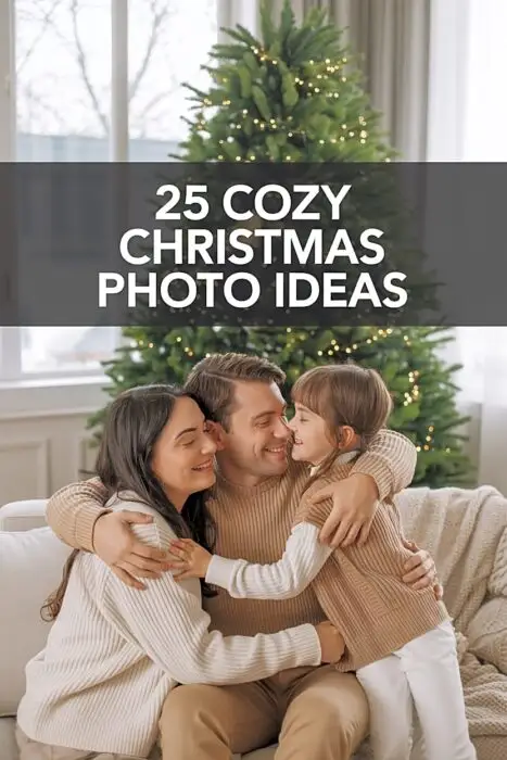 Cozy Christmas photo of a family with warm neutral tones and soft evergreen details.
