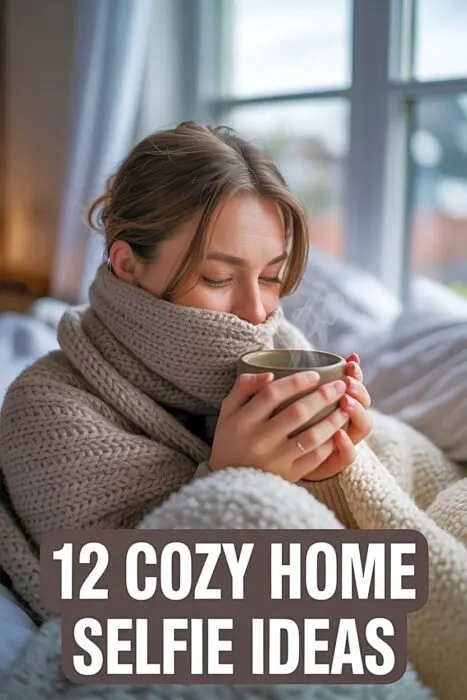 Warm winter portrait for cozy home selfie inspiration with natural light aesthetic.