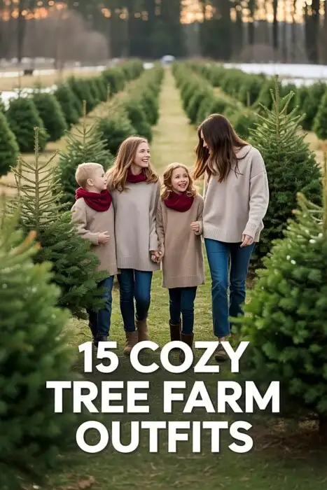 Family fashion inspiration at a Christmas tree farm featuring cozy holiday outfit ideas for winter photography.