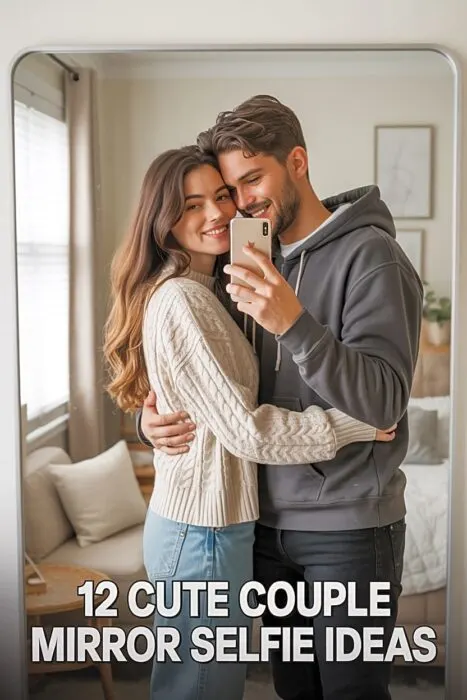 Cute couple mirror selfie idea in cozy bedroom with warm neutral tones and natural light.