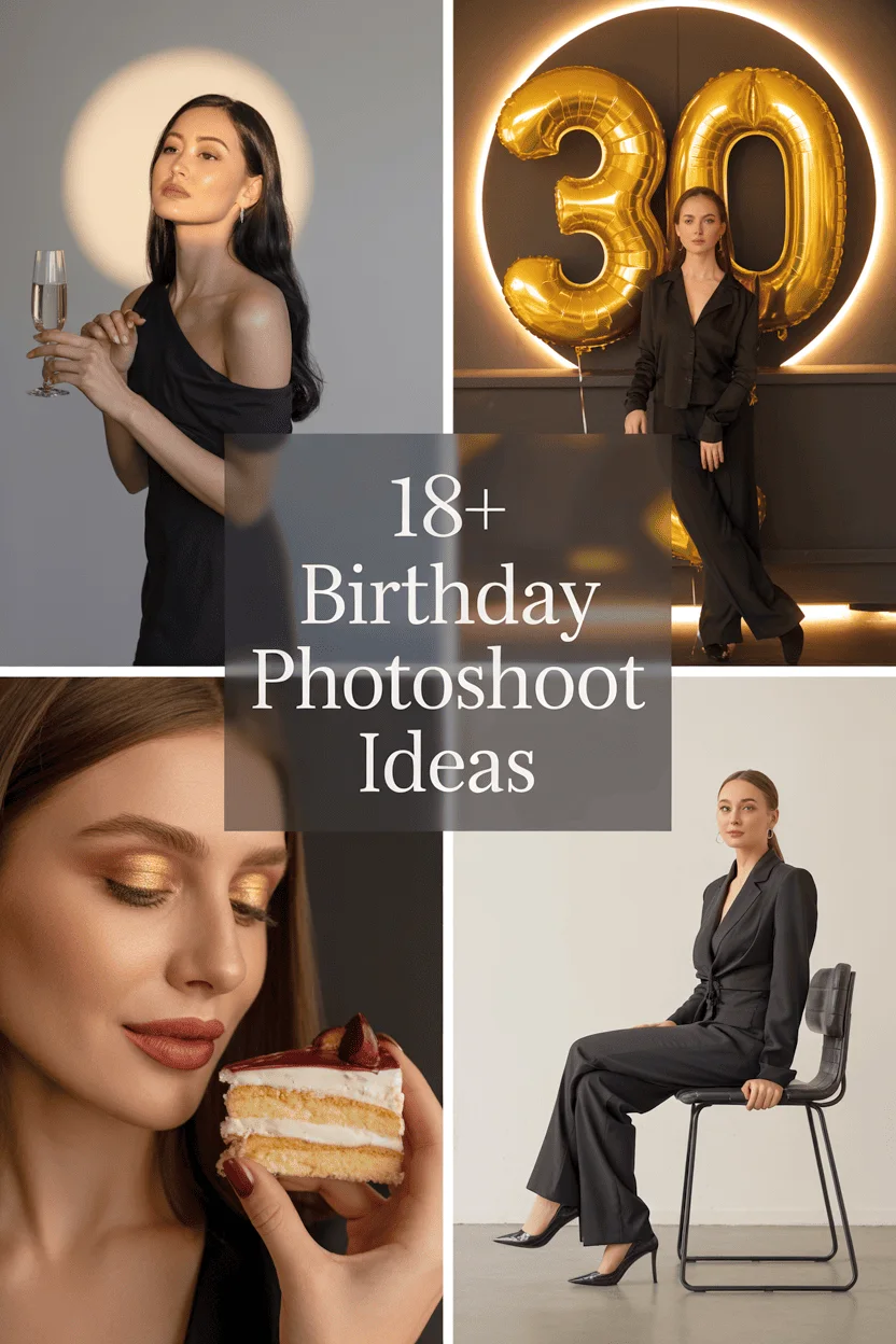 Elegant collage featuring four birthday photoshoot ideas &mdash; women in black outfits celebrating with champagne, cake, and gold balloons in stylish indoor settings.
