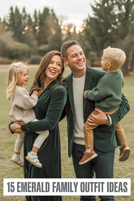Emerald family photo outfits with coordinated emerald and cream clothing ideas for outdoor portraits.