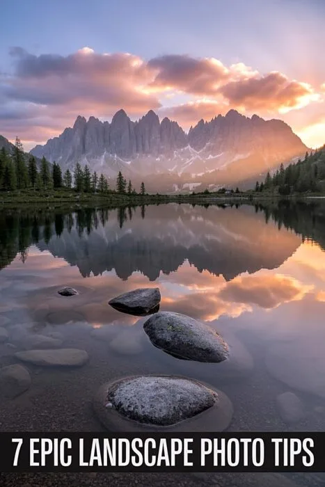 Serene alpine sunrise with mirrored mountains and lake, ideal for learning landscape photography composition.