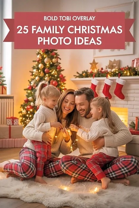 Family Christmas photo ideas and cozy holiday photoshoot inspiration with matching pajamas and warm lights.