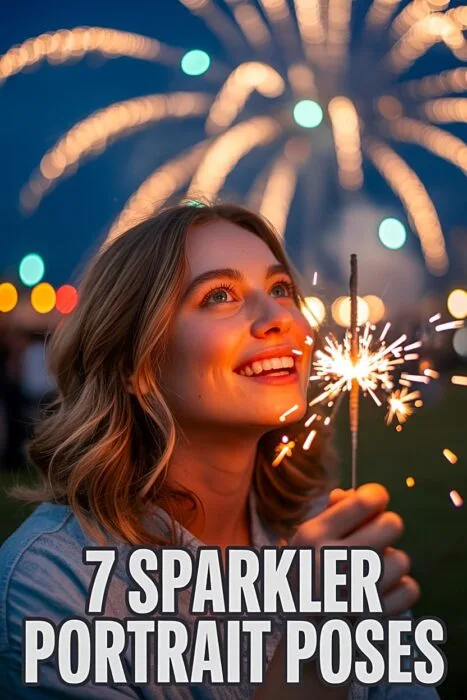 A night firework photoshoot portrait showing a young adult holding a sparkler with glowing light trails.