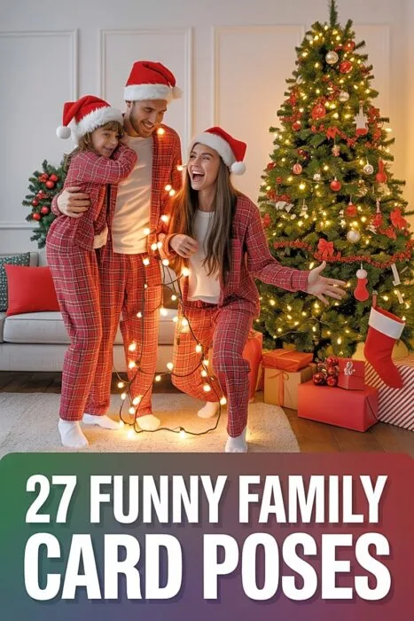 Family in matching plaid pajamas posing by twinkling Christmas tree for a funny family Christmas card photo idea.