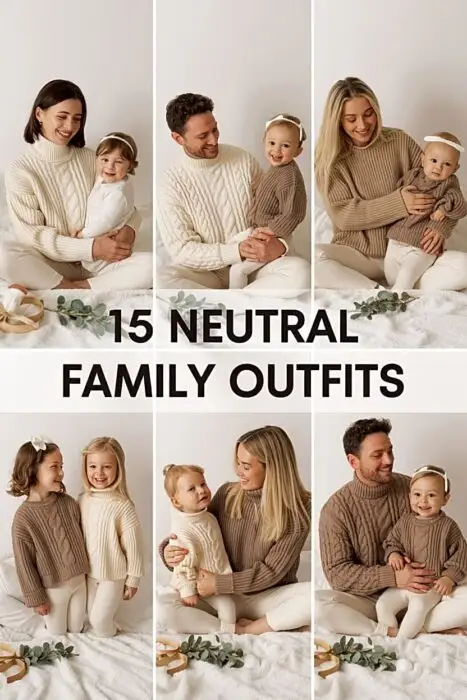 Neutral Christmas photos family outfits with cozy neutral holiday wardrobe inspiration for coordinated family look.