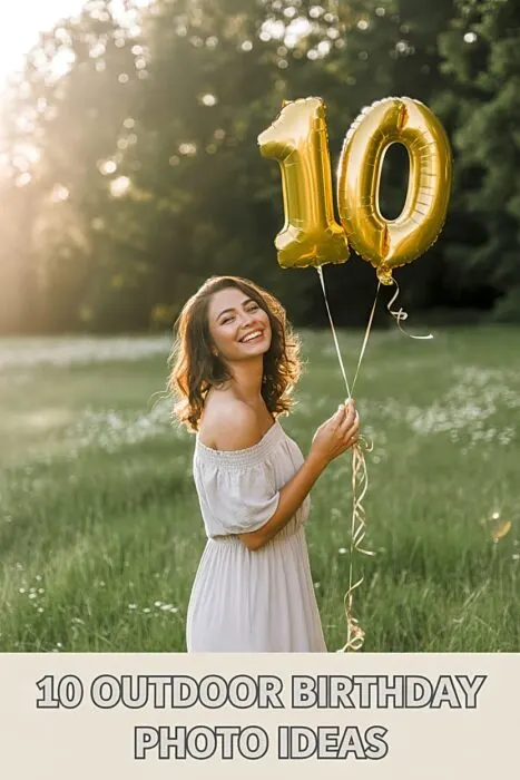 Golden hour portrait showing outdoor birthday photo ideas with a woman holding a gold balloon in a meadow.
