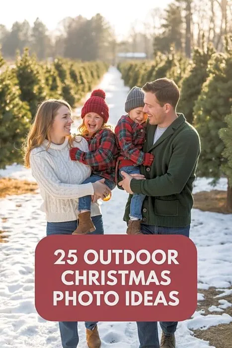Outdoor Christmas photo ideas for a warm golden-hour family photoshoot at a festive tree farm.