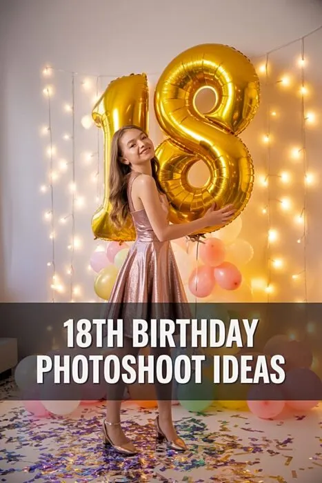 Teen girl posing with gold 18 balloons indoors for photoshoot-ideas-for-18th-birthday using creative birthday portrait style.