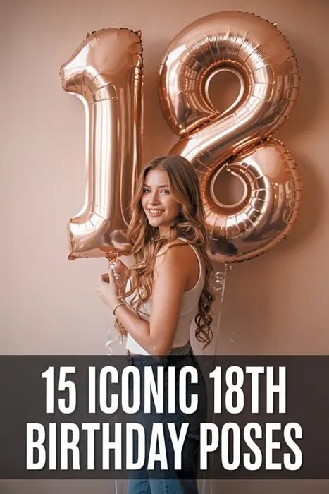Young woman with 18 balloons in a studio setup, showing poses-for-18th-birthday-photoshoot with a fun celebratory pose idea.