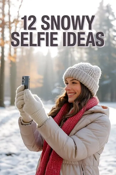 Close-up lifestyle portrait showcasing snowy selfie ideas with cozy winter outfit and natural snow background