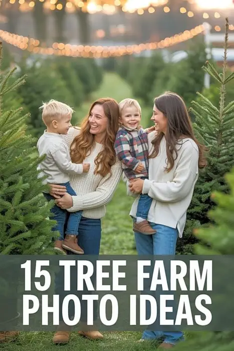 Family posing at a Christmas tree farm for cozy holiday photoshoot inspiration.