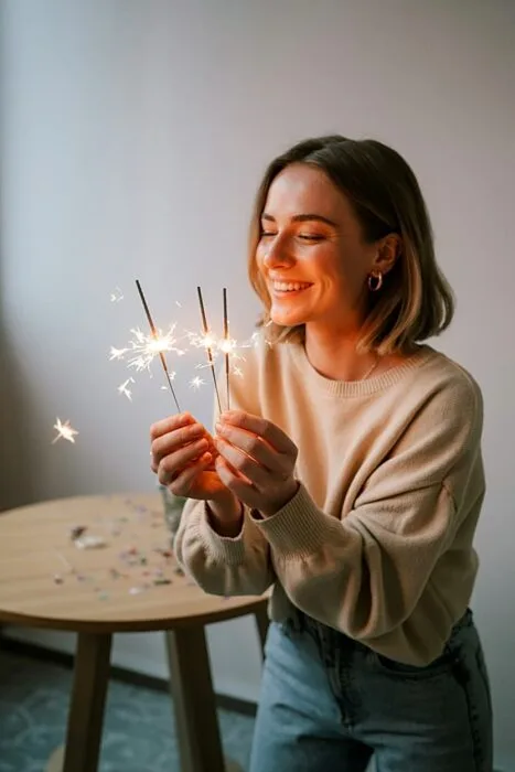 Woman holding sparklers during a 21st birthday photoshoot.