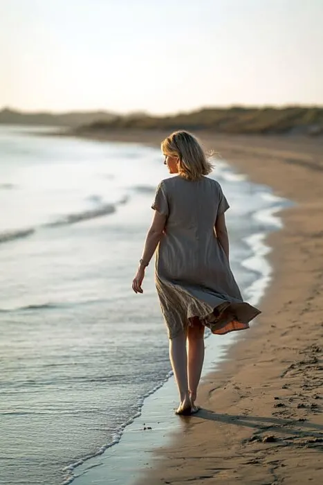 Woman walking along the beach during a birthday photoshoot.