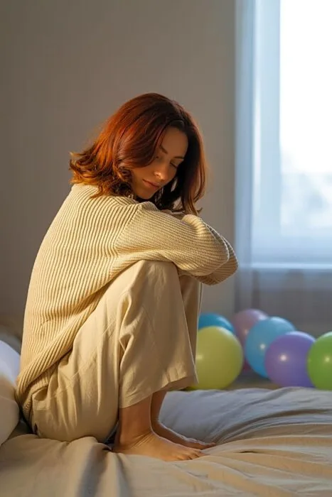Woman sitting on a bed for an at-home birthday photoshoot.