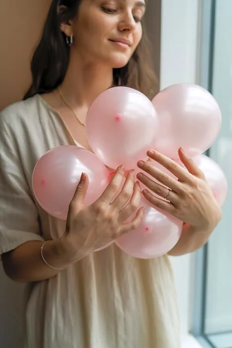 Close-up of birthday accessories including balloons and jewelry.