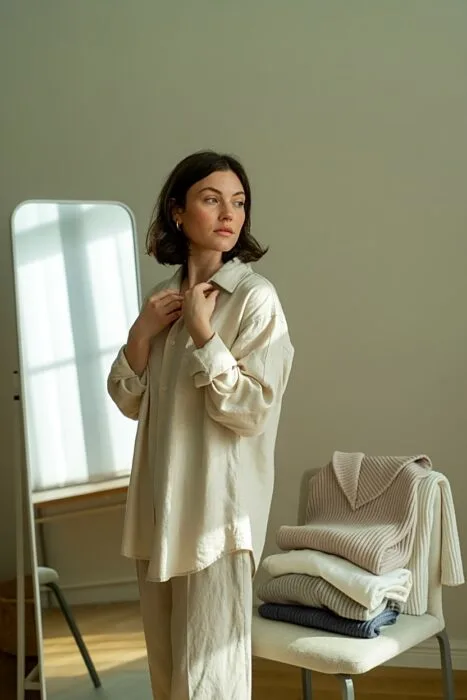 Woman adjusting her outfit during birthday photoshoot styling.