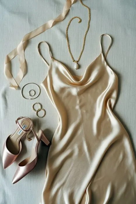 Birthday photoshoot outfit styling with a dress, accessories, and shoes laid out neatly.