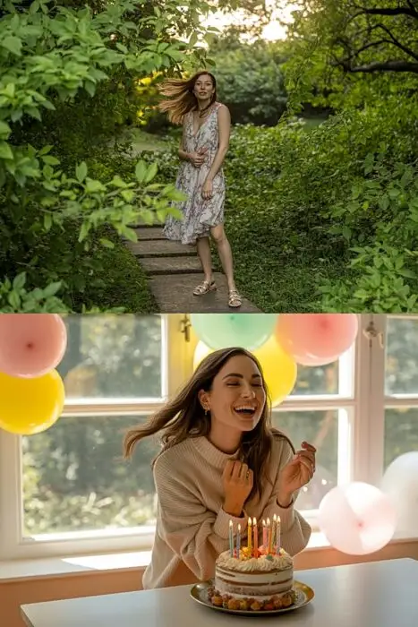 Birthday photoshoot location ideas featuring an outdoor park setting and an indoor at-home setup.
