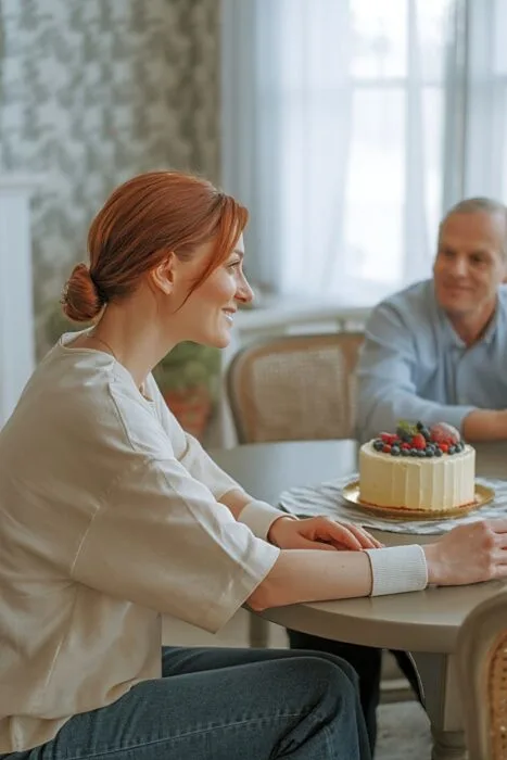 Family gathered around a cake for a birthday photo indoors.
